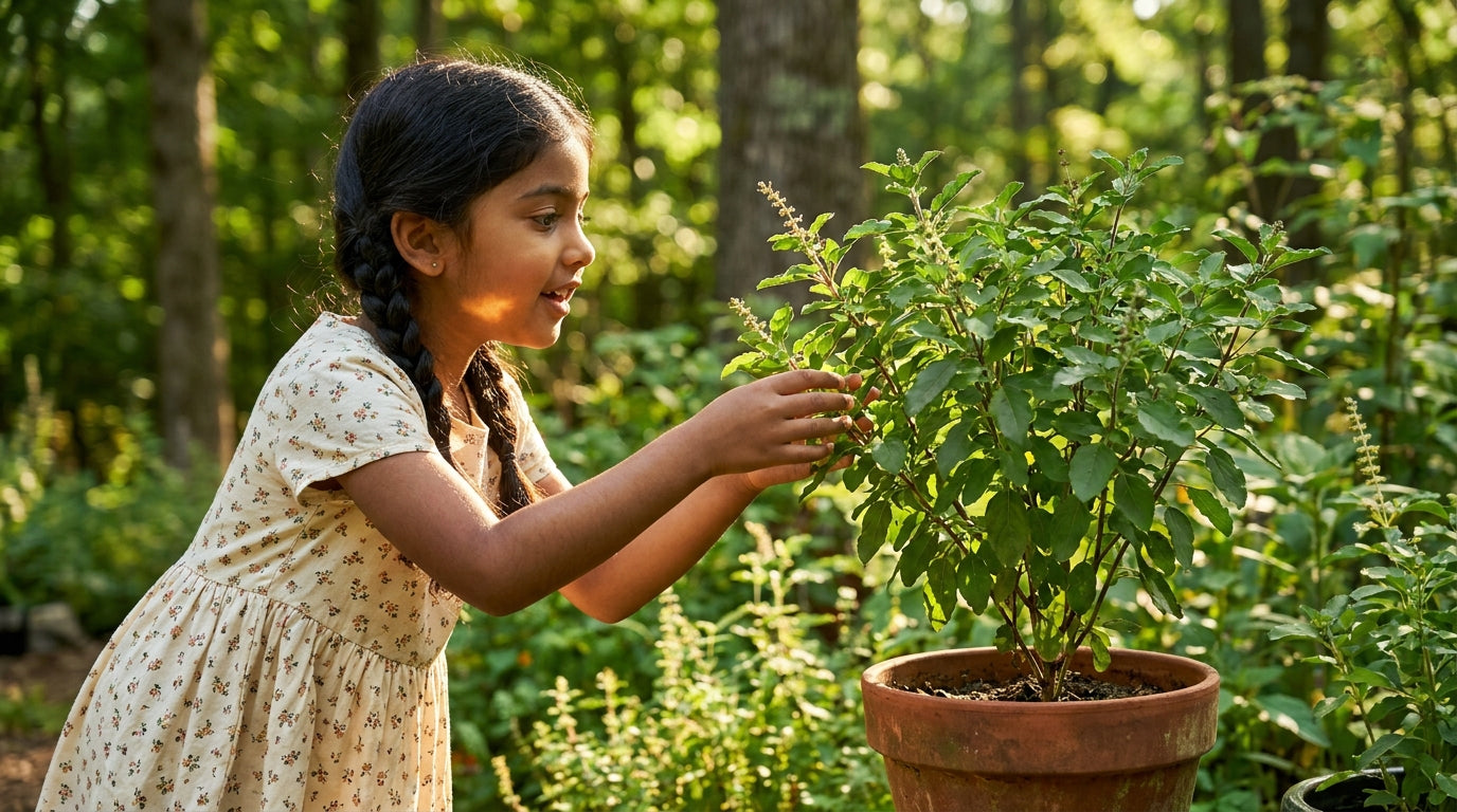 South Asian girl age 7 reaching toward holy basil tulsi plant in sunlit garden