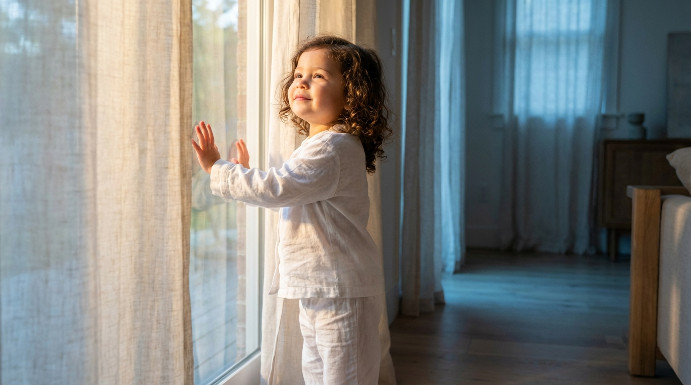 Toddler in pajamas in soft morning sunlight by window — vitamin D morning ritual
