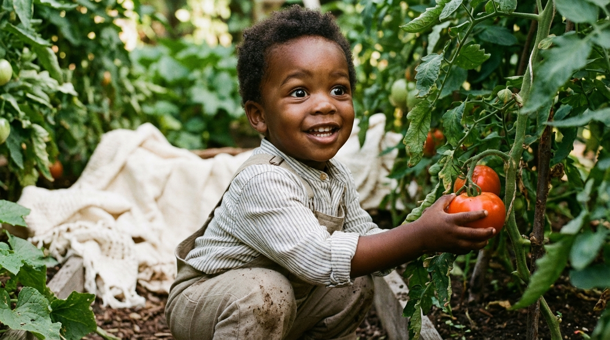Toddler discovering vegetables in a garden with wonder and curiosity