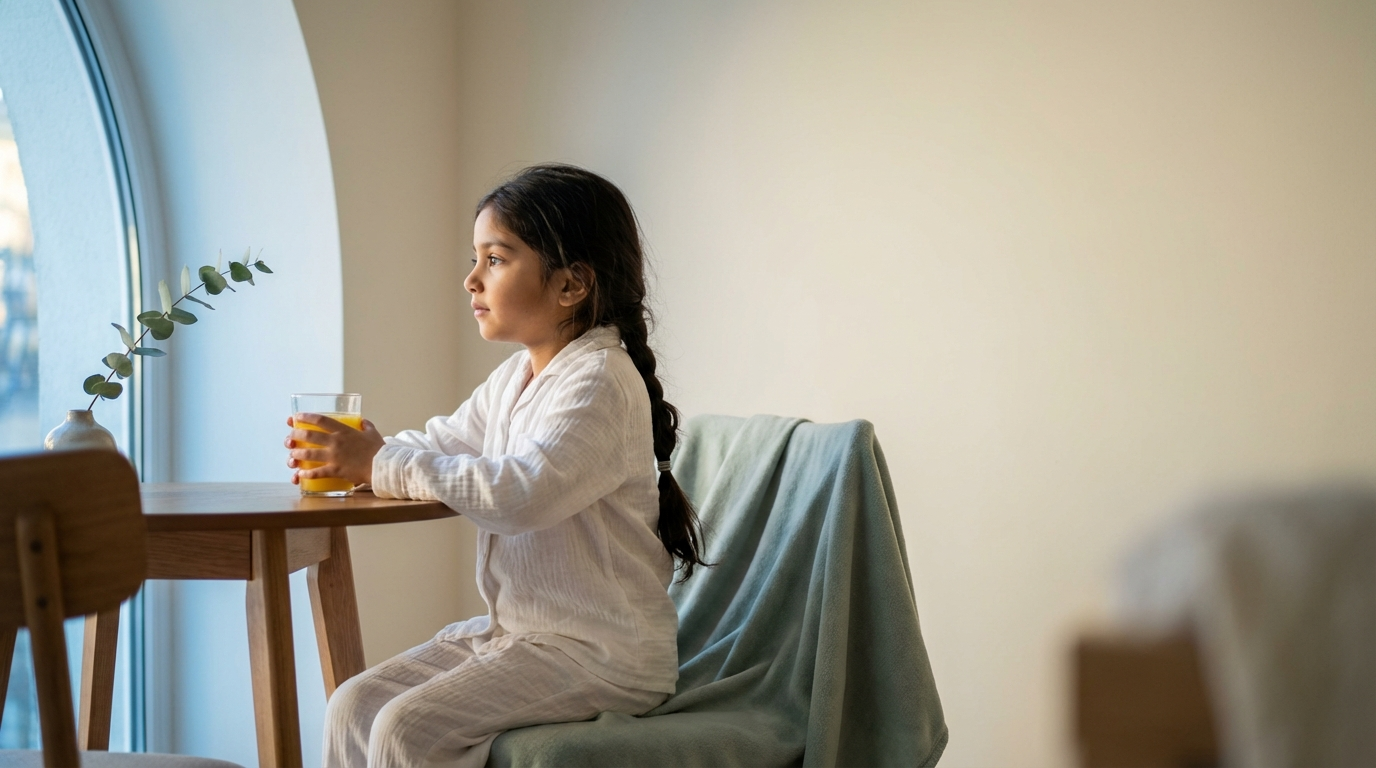 6-year-old South Asian girl sitting peacefully at breakfast table with orange juice, soft morning window light — hero image for inositol for kids article