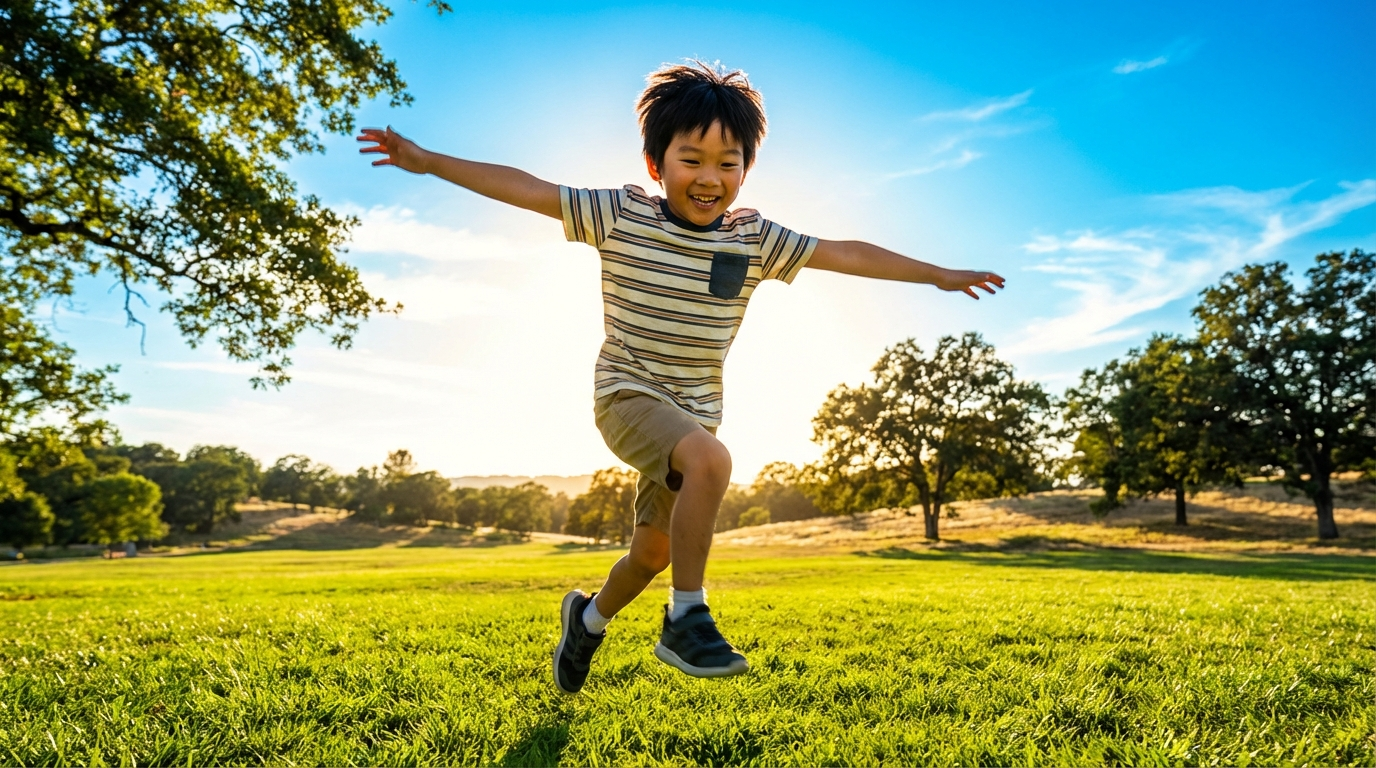 Asian boy mid-leap in a sunny park, full of energy — iron deficiency in children hero image