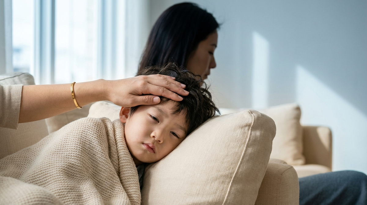 Concerned mother checking East Asian toddler boy on couch — recognizing signs of dehydration in children