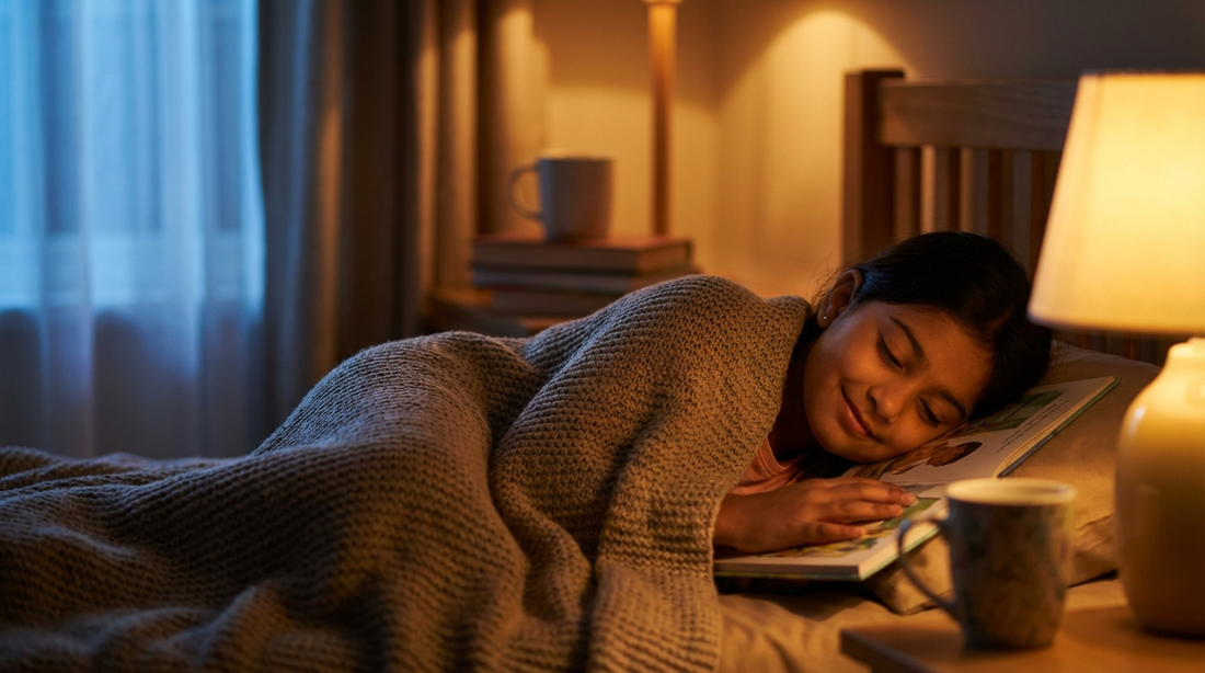 Child with a bedtime book in warm lamplight - kids sleep routine tips