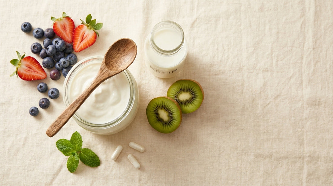 Glass jar of yogurt surrounded by probiotic-rich foods — lactobacillus acidophilus for kids guide