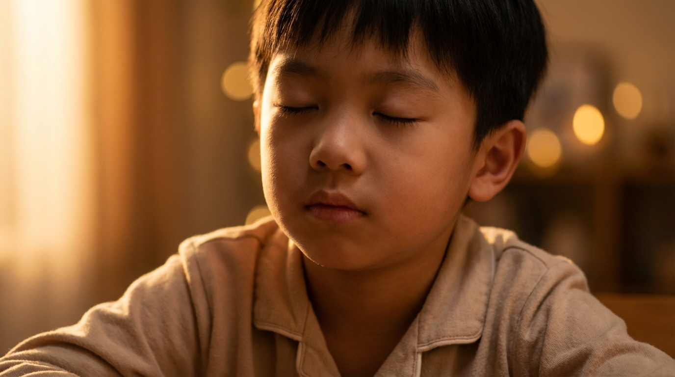 Peaceful 7-year-old Asian boy with serene expression, soft amber Rembrandt lighting — magnesium for kids