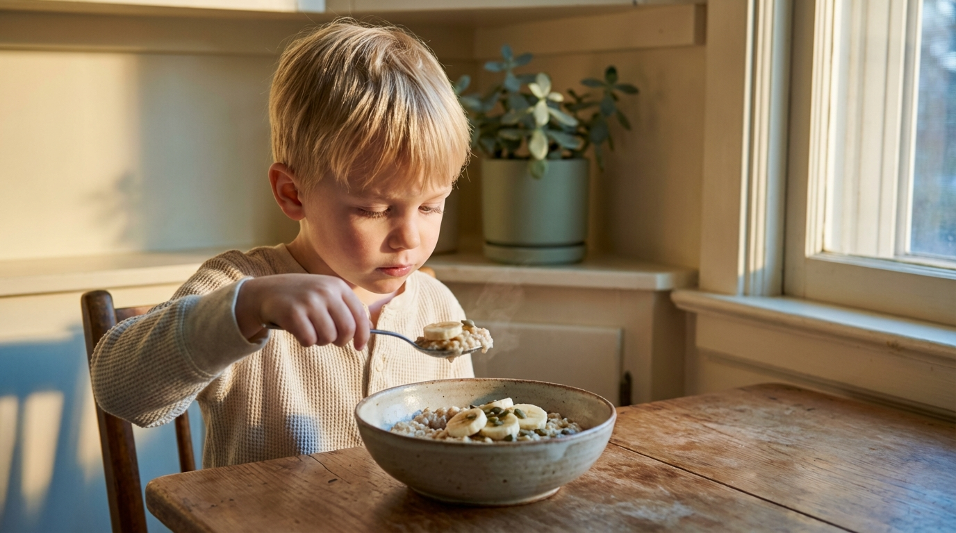Young boy in cream pajamas eating oatmeal with pumpkin seeds at a quiet morning kitchen table — magnesium-rich foods for kids