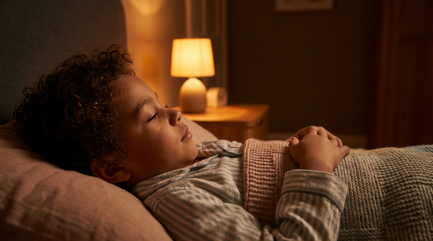 Sleepy boy in bed with warm amber bedside light
