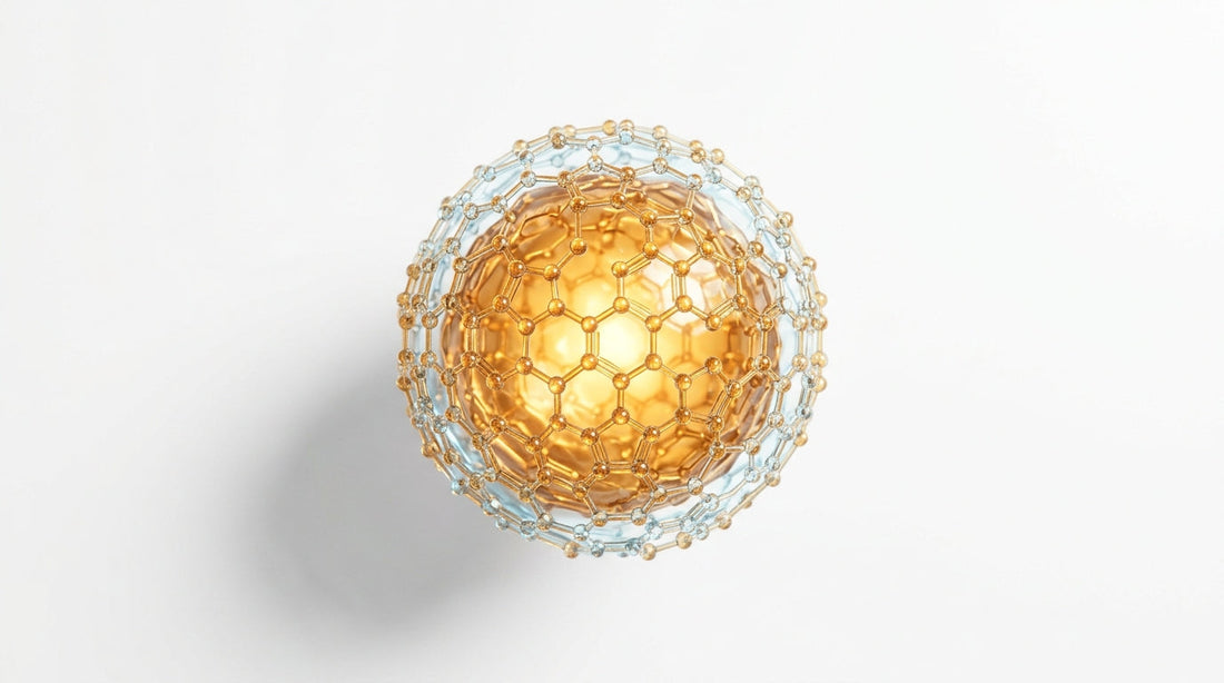 Abstract editorial visualization of NAD molecular coenzyme — cellular energy represented as a luminous golden sphere in white clinical space