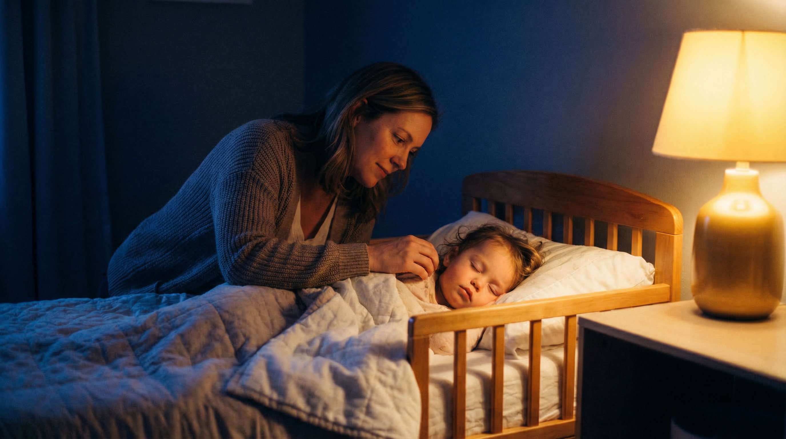 A tender mother watching her toddler drift to sleep in warm golden nightlight