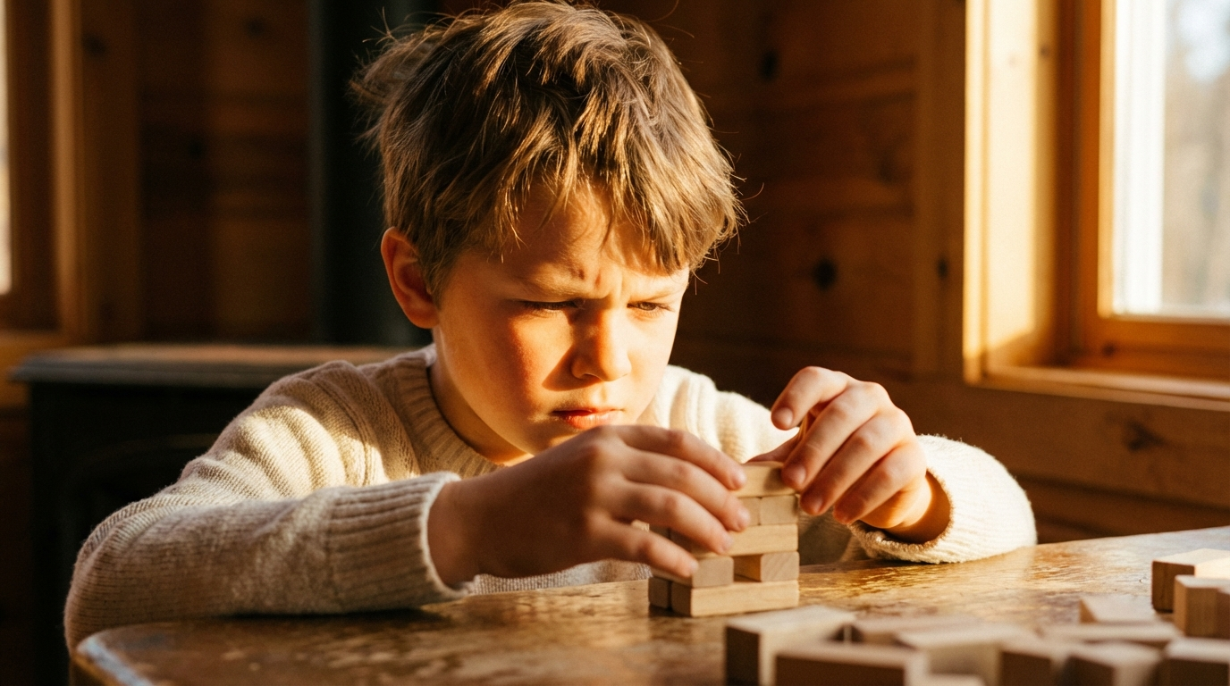 Boy with light brown hair deeply focused on building blocks, warm Rembrandt editorial portrait illustrating omega-3 brain benefits for kids