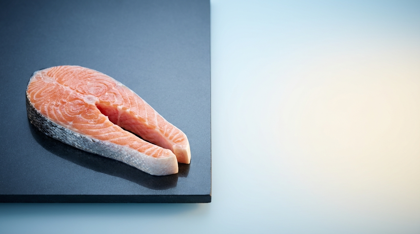 A perfectly arranged raw salmon fillet on a slate grey background with soft blue-cream gradient