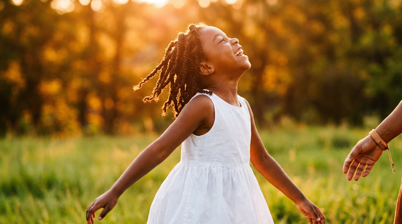 Child playing outdoors in golden sunlight — omega-3 for kids brain development and vitality