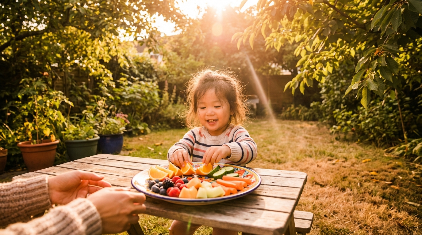 Toddler eating outdoors in warm golden afternoon light — picky eater vitamins