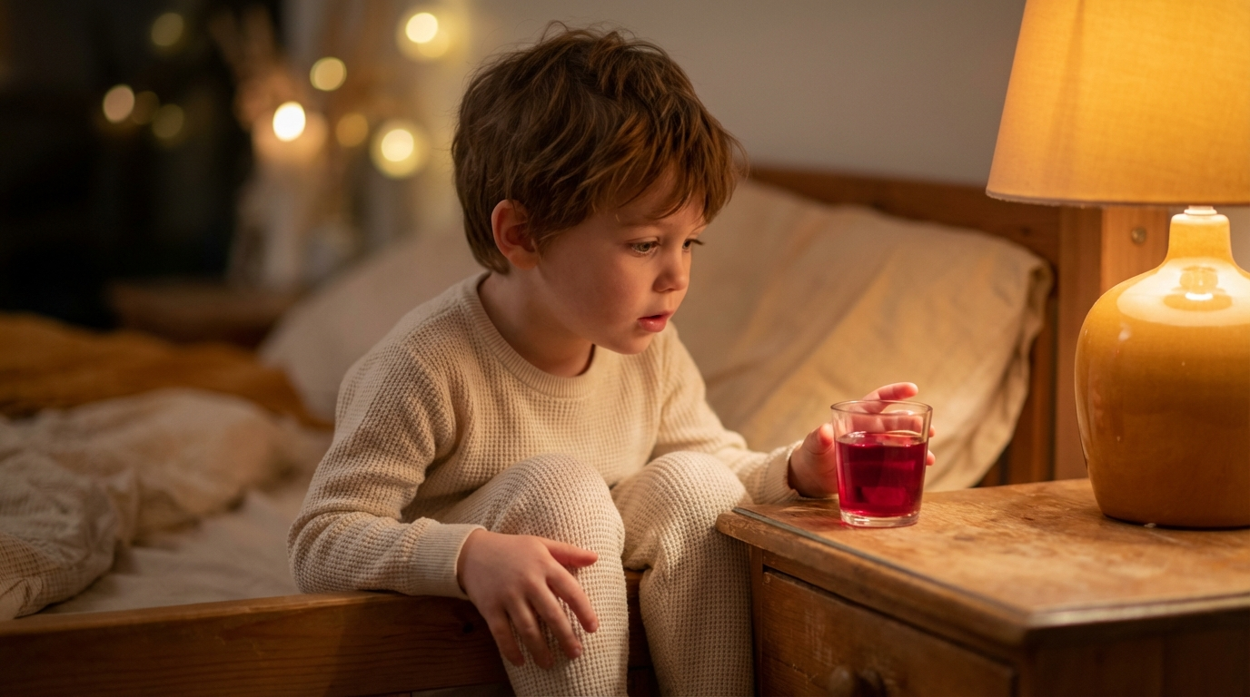 Boy in cream pajamas holding a glass of tart cherry juice before bed