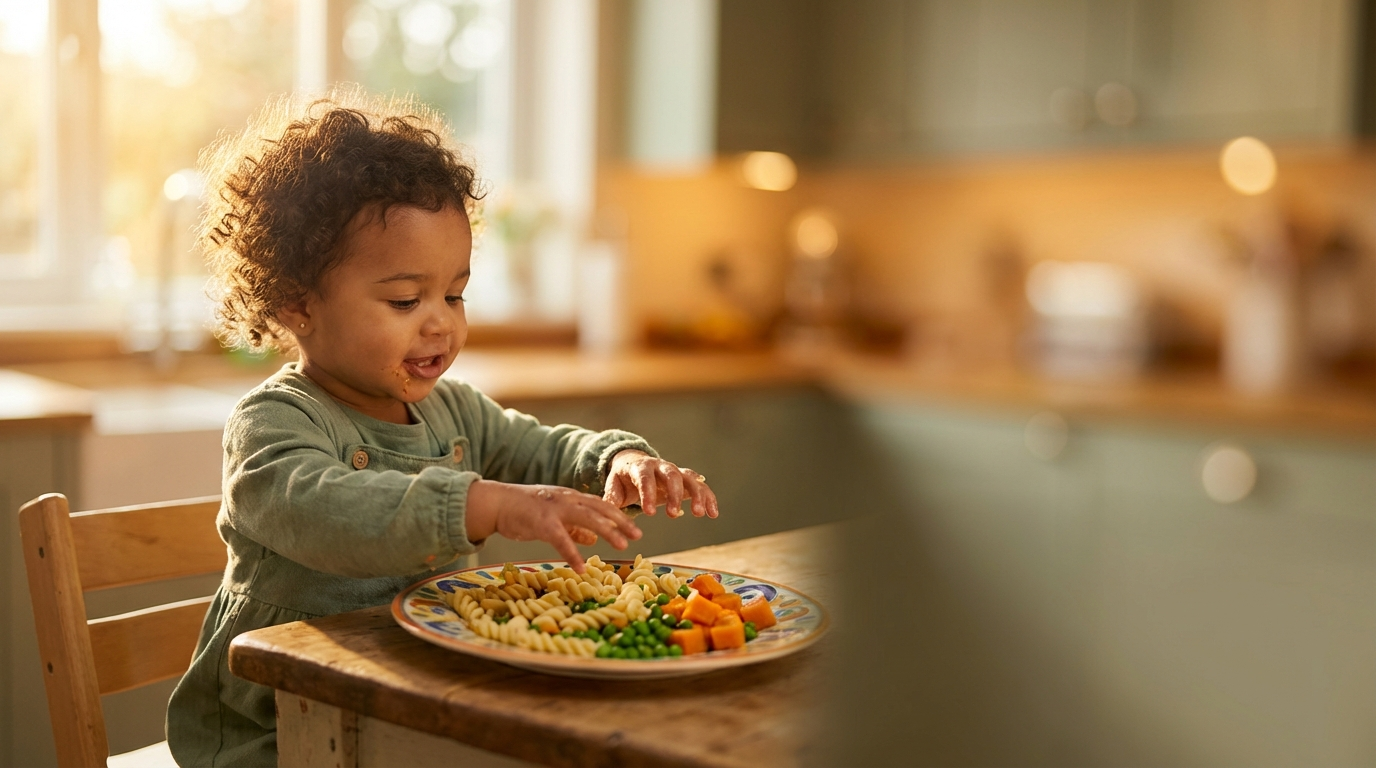 Toddler girl reaching for colorful plate of pasta, peas, and sweet potato in golden afternoon light