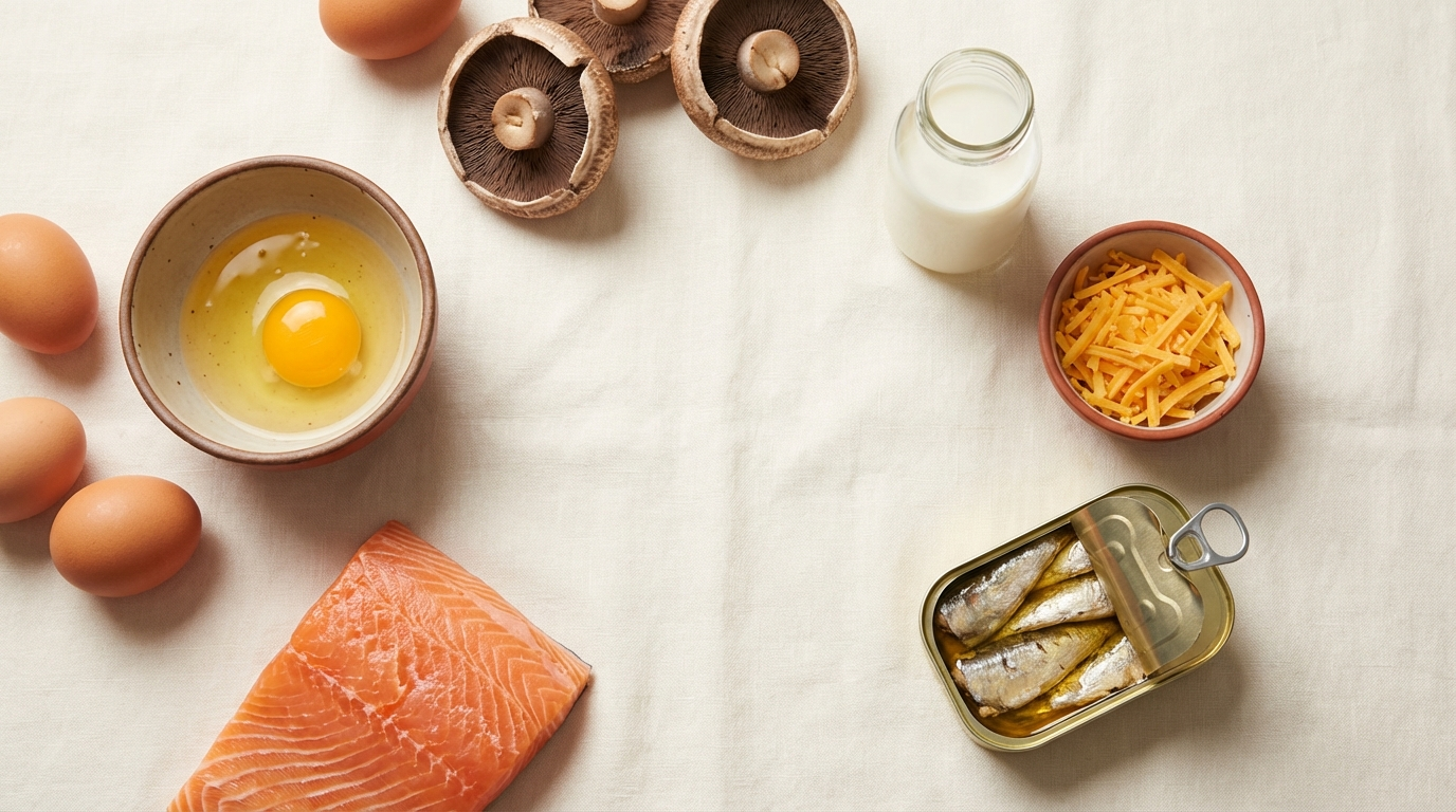 Best vitamin D foods for kids — salmon, eggs, mushrooms, and fortified milk on cream surface