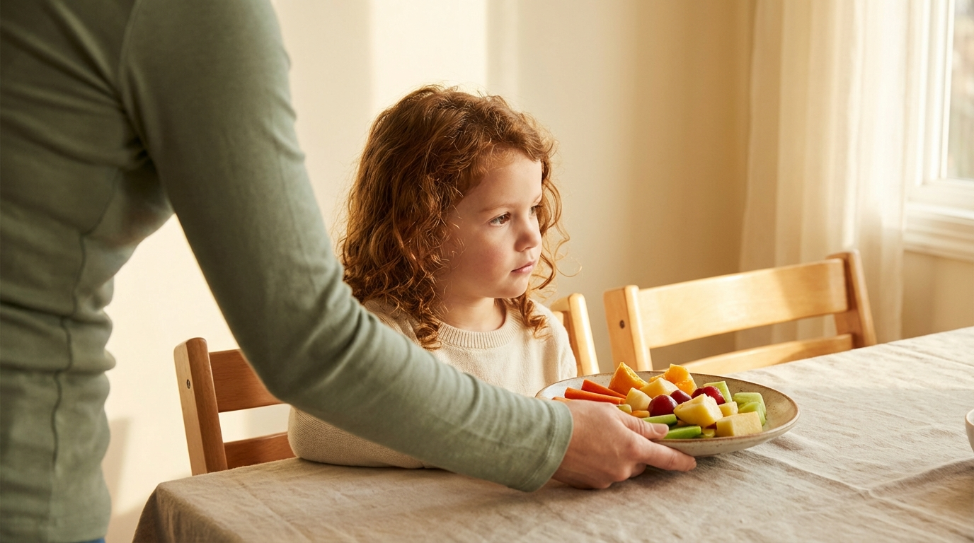 Young child with wide curious eyes leaning toward a colorful plate of fruits and vegetables — discovery moment photography