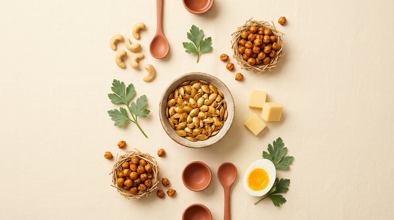 Overhead editorial flat lay of zinc-rich foods for children: pumpkin seeds, cashews, chickpeas and cheese on cream linen