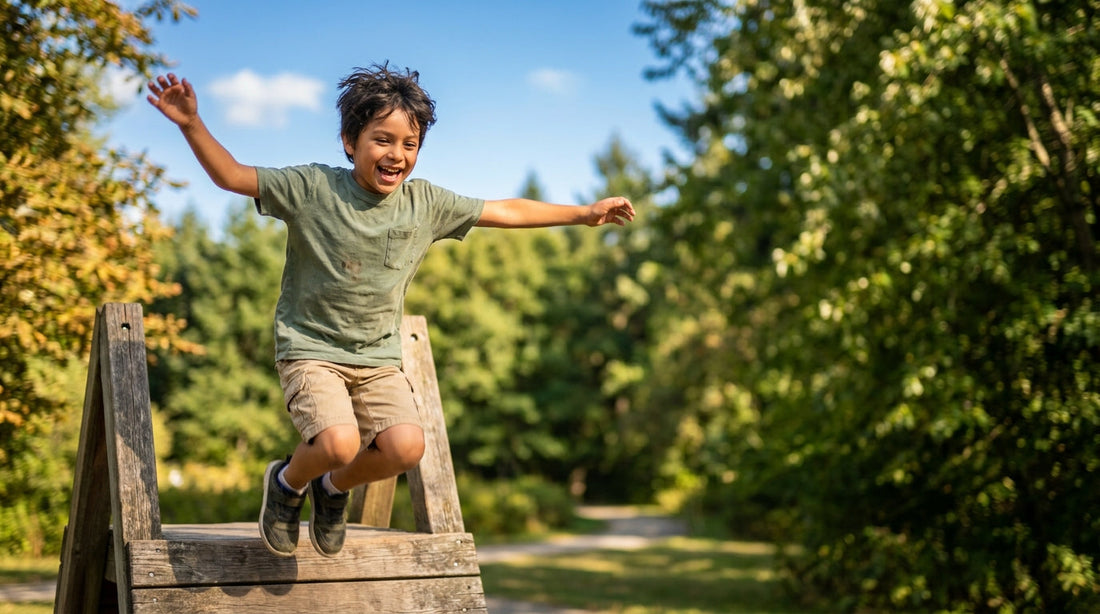 Active Hispanic boy leaping mid-air outdoors representing HMB muscle support for kids