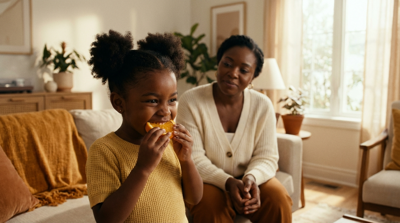 Mother watching child eat an orange — immune support for kids guide