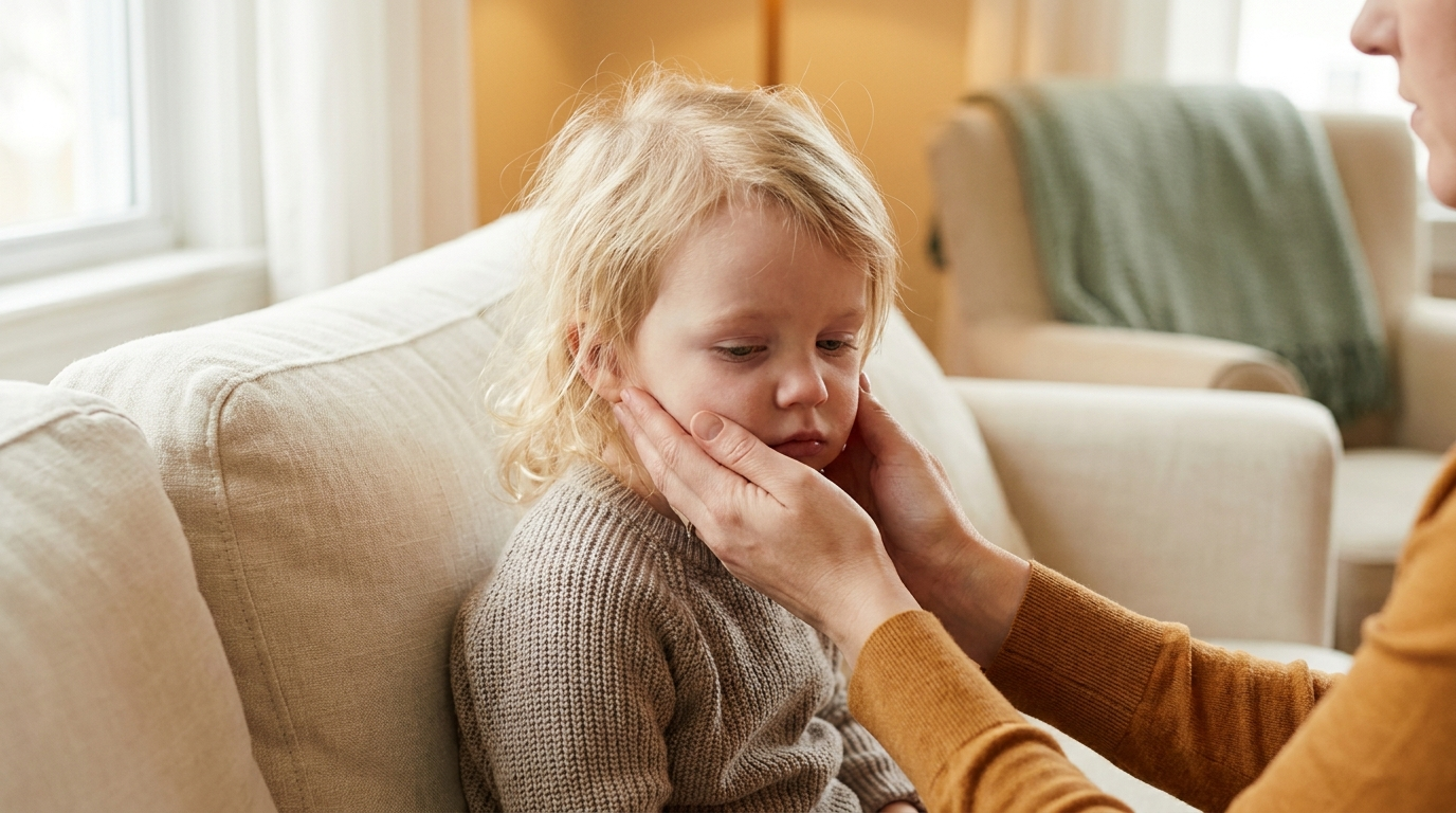 Toddler with pale skin sitting on a cream sofa, a parent's hands gently touching her face — representing the quiet signs of iron deficiency in young children