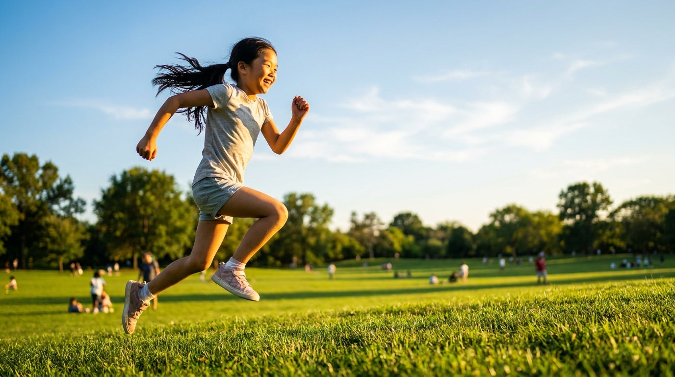 Asian girl sprinting airborne across a park — kids protein powder parent guide