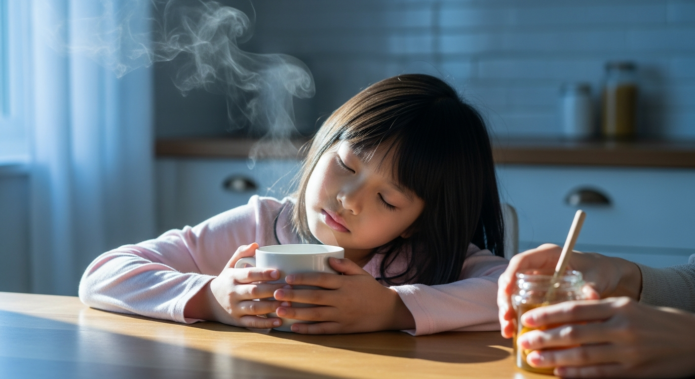 East Asian girl holding a warm mug of lemon balm tea in a calm morning kitchen — lemon balm for kids guide