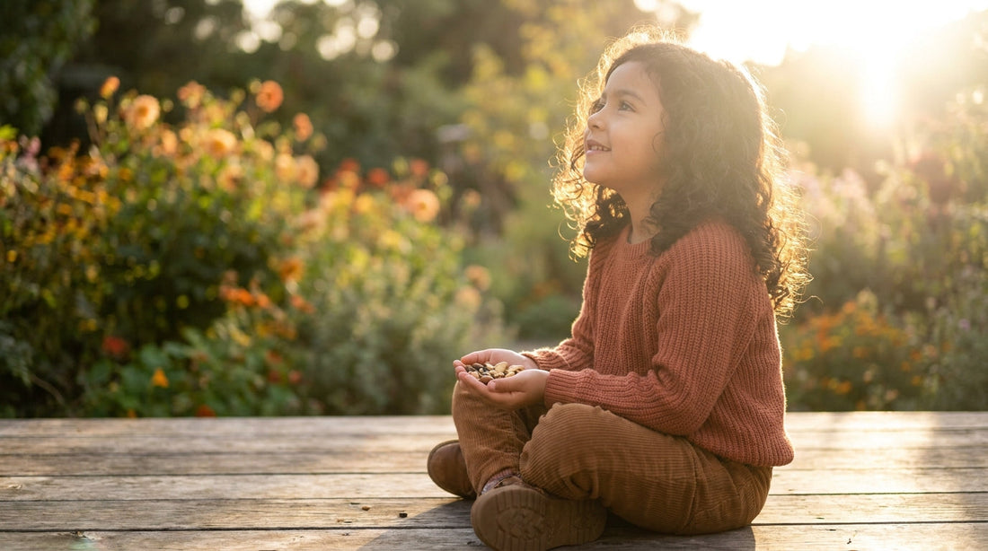 Young Latina girl eating nuts and seeds outdoors in golden afternoon sunlight - manganese for kids