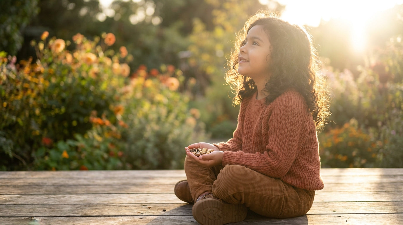 Young Latina girl eating nuts and seeds outdoors in golden afternoon sunlight - manganese for kids