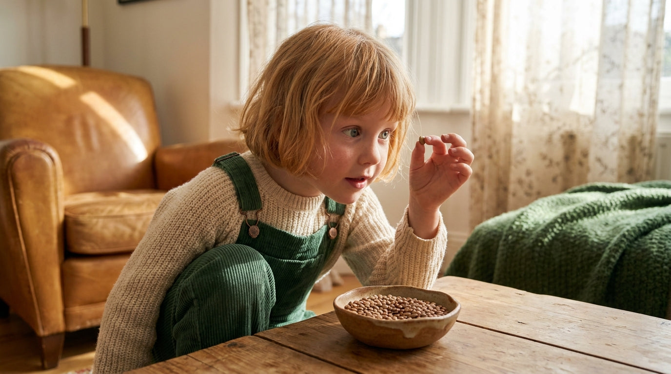 Young child examining lentils curiously — molybdenum-rich foods for kids