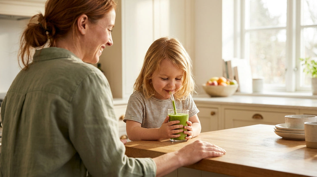 White mother watching proudly as her 6-year-old blonde daughter drinks a vivid green moringa smoothie with delight