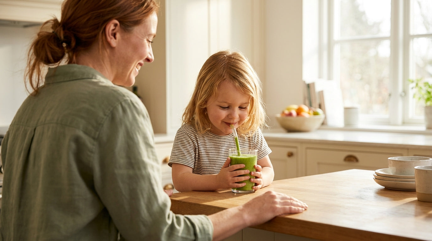 White mother watching proudly as her 6-year-old blonde daughter drinks a vivid green moringa smoothie with delight