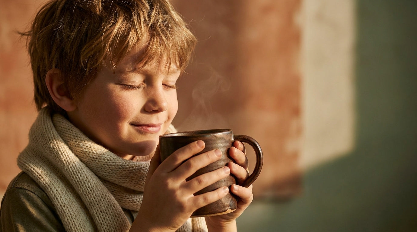 White boy age 8 cradling warm herbal tea mug, cream scarf, Rembrandt amber light — mullein for kids