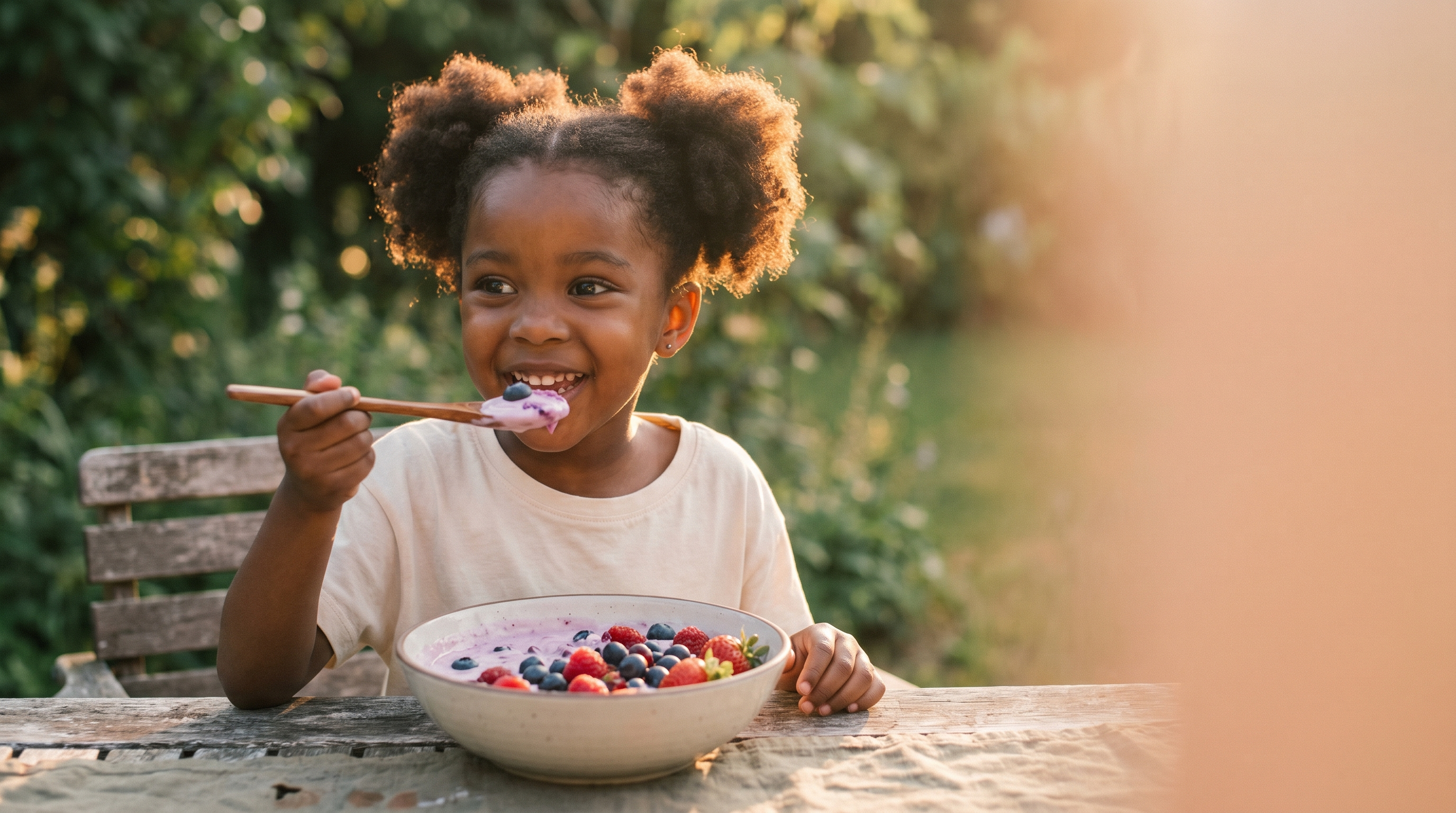 Black girl age 5 eating colorful probiotic yogurt with berries outdoors in golden afternoon light, natural remedies for kids constipation