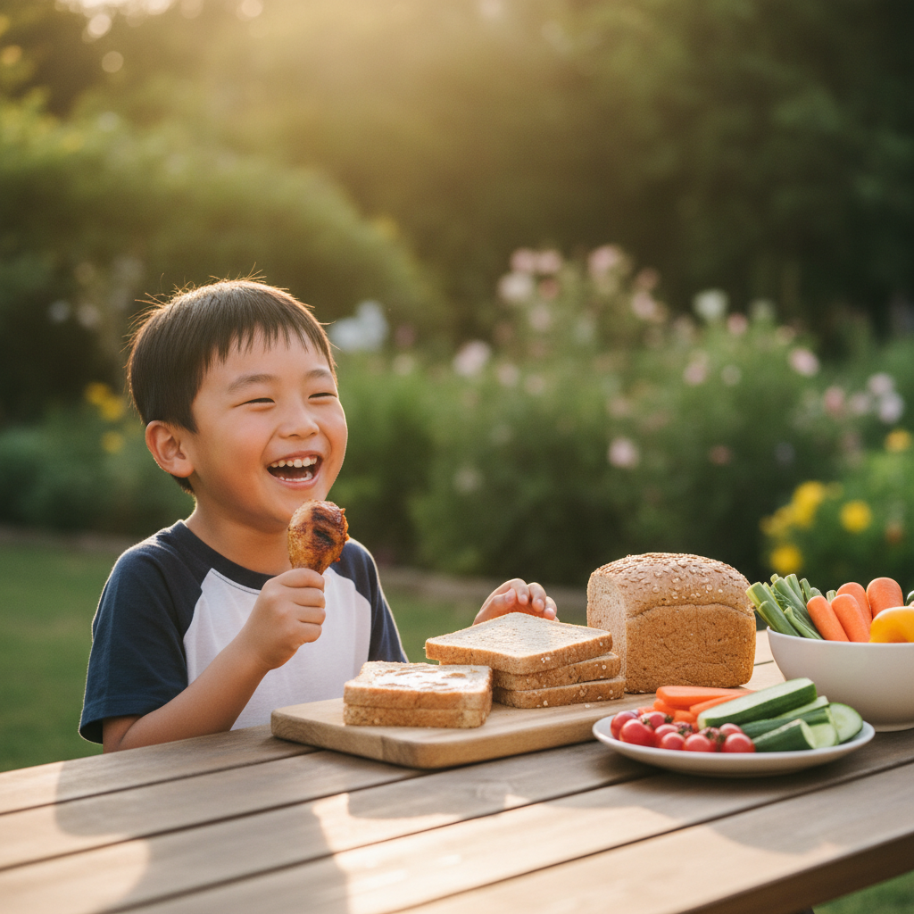 East Asian boy eating a niacin-rich meal outdoors at golden hour — niacin for kids guide