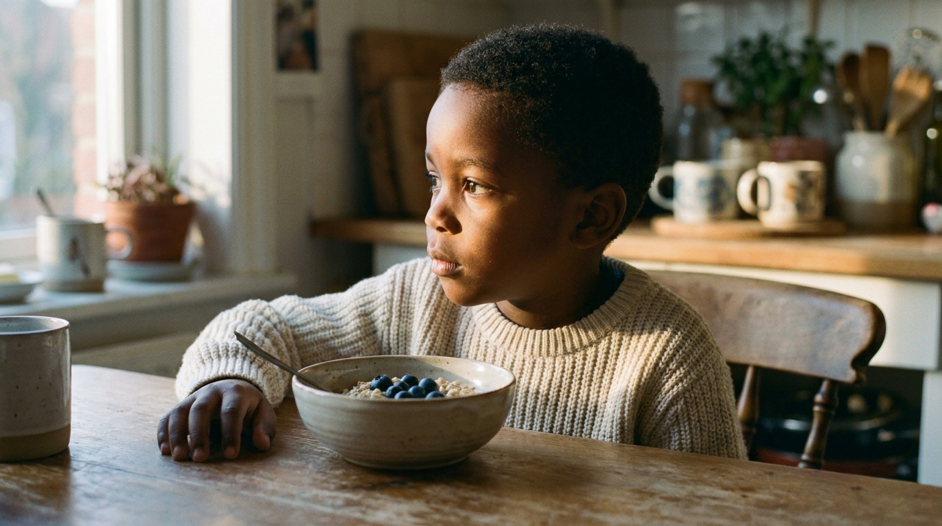 Young Black boy with distracted expression at breakfast table, untouched oatmeal — illustrating omega-3 deficiency symptoms in children