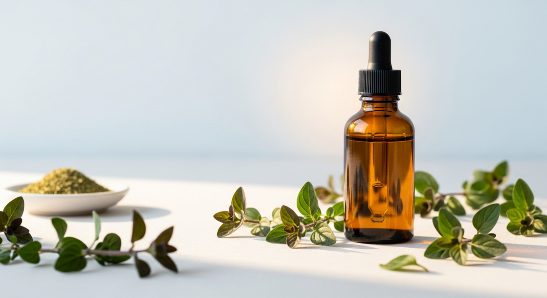 Oregano oil for kids — amber dropper bottle with fresh oregano sprigs on cream linen surface