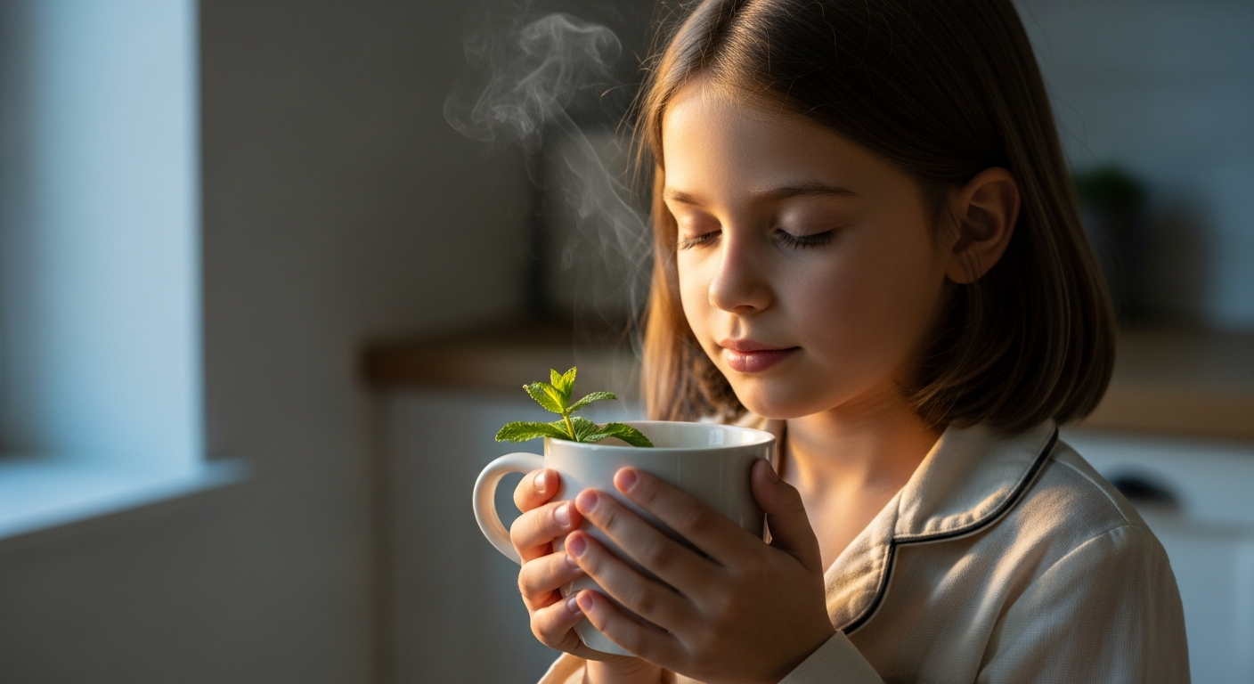 White girl age 8-9 cradling a warm mug of peppermint tea in morning light, illustrating the calming and digestive benefits of peppermint for kids