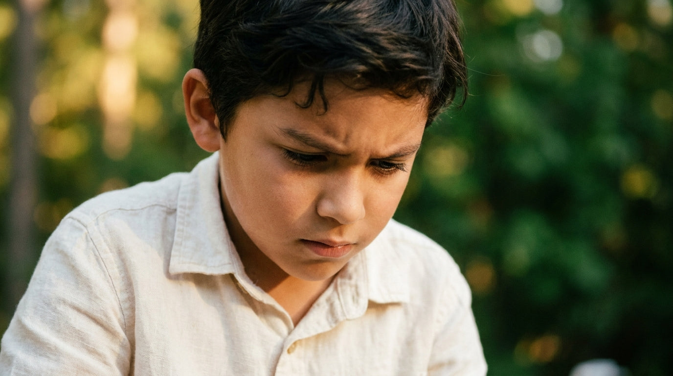 Hispanic boy age 9 in deep focused concentration — phosphatidylserine for kids