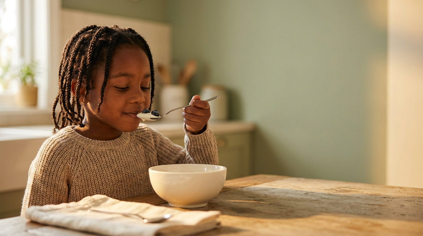 Young child eating yogurt — postbiotics for kids guide