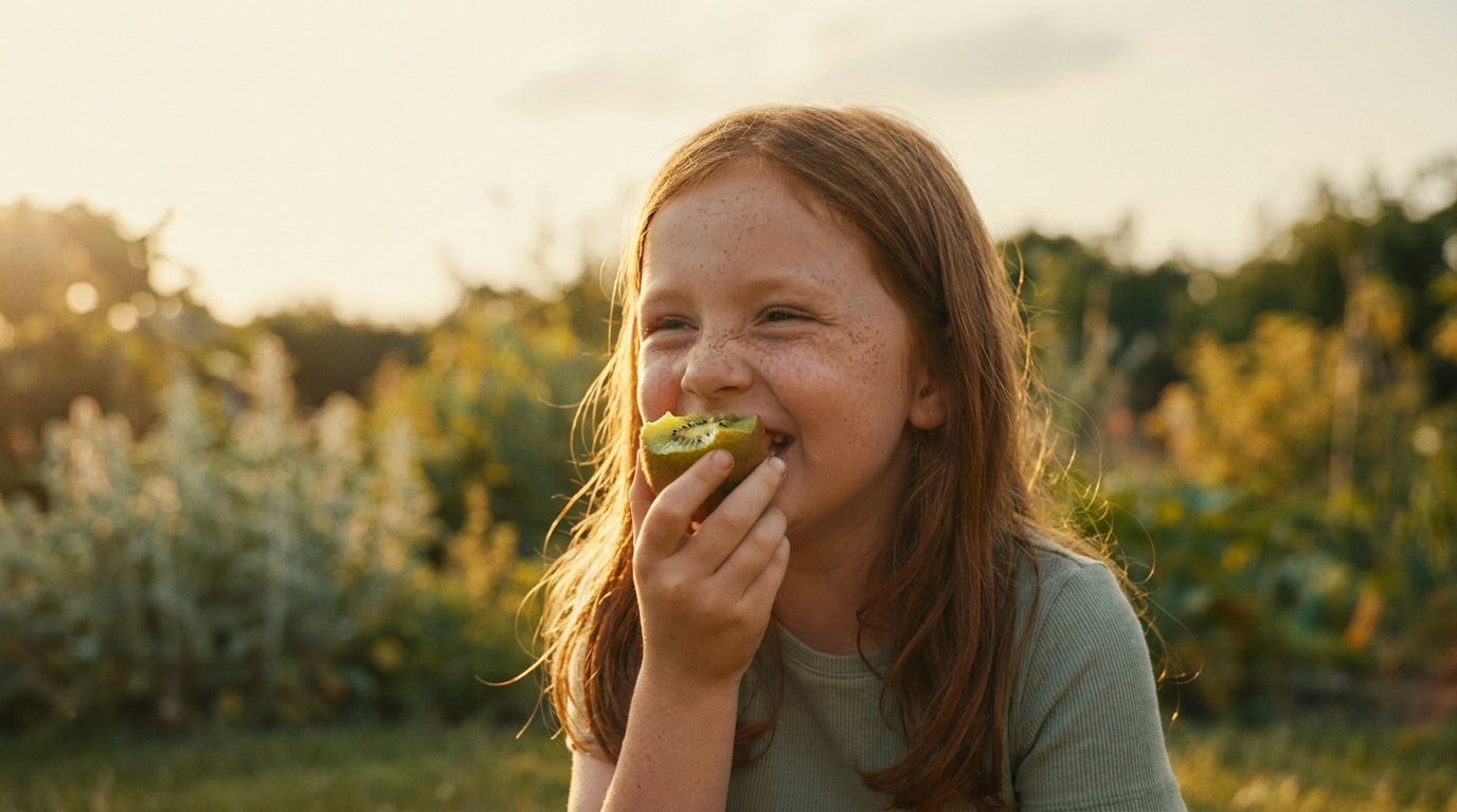 Young girl eating kiwi fruit outdoors in golden afternoon light — PQQ brain nutrition guide for kids
