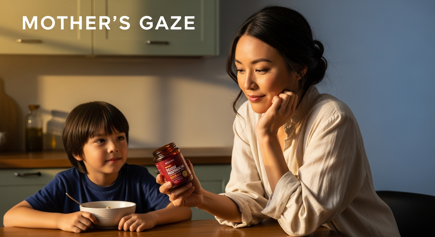 Reishi mushroom for kids — mother examining supplement with child at breakfast table