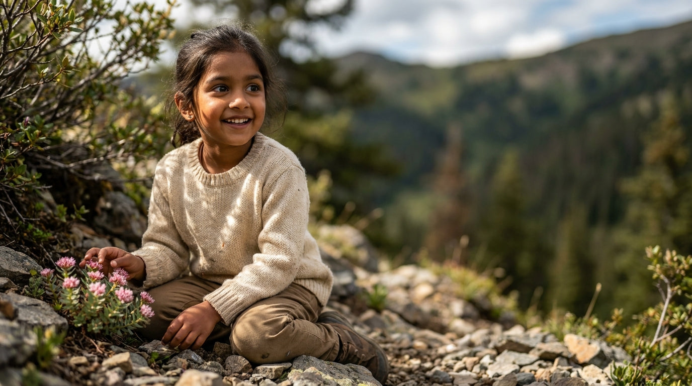 South Asian girl touching rhodiola flowers in alpine terrain — rhodiola for kids guide