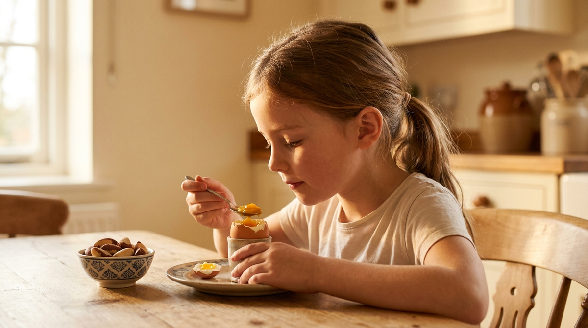 Child eating a nourishing selenium-rich breakfast with soft-boiled eggs at a morning kitchen table