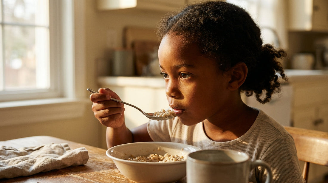Black girl age 7 eating oatmeal — dietary silicon for kids