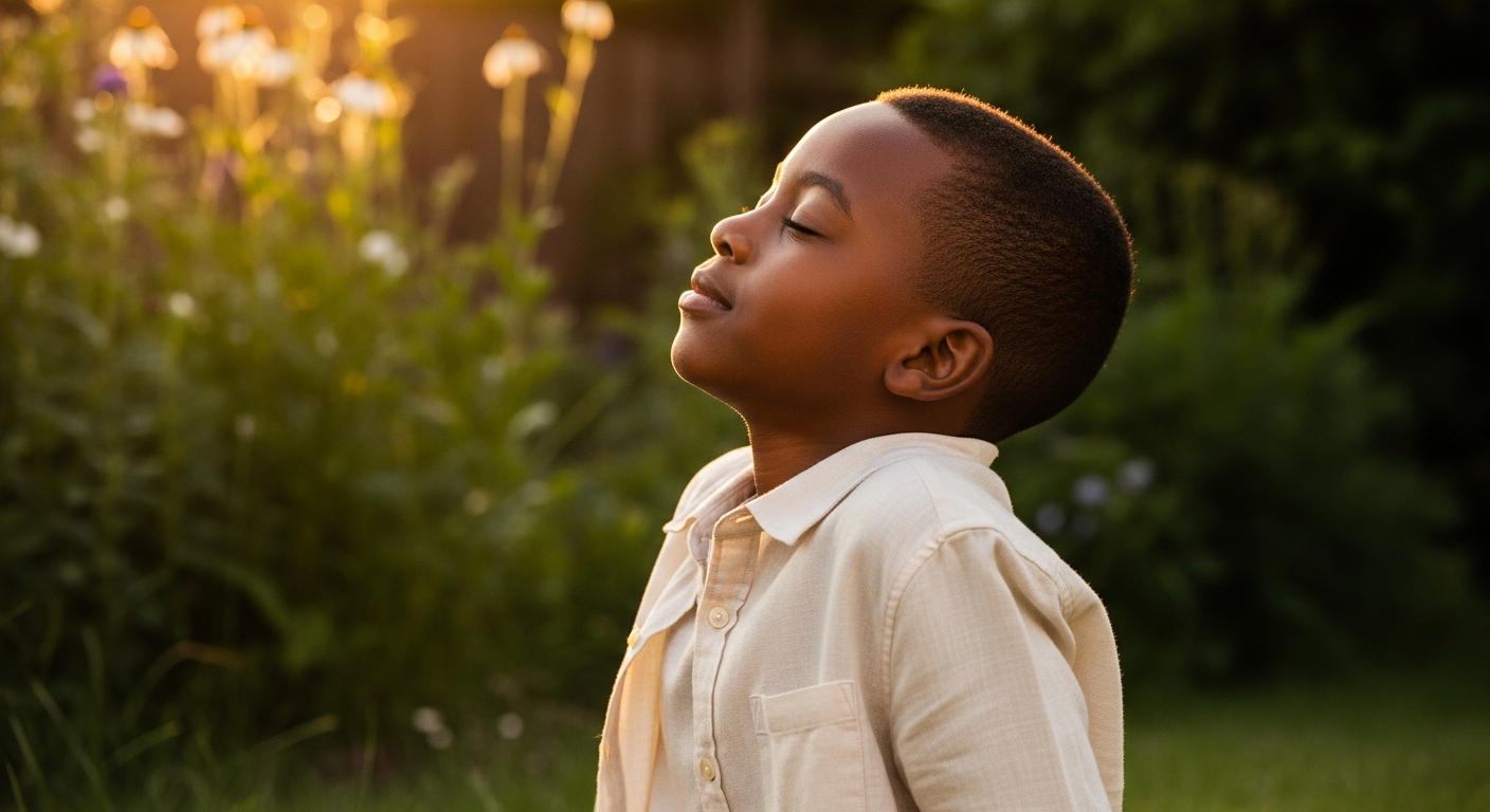 Black boy relaxing in golden afternoon sunlight in a garden — skullcap for kids calming herb guide