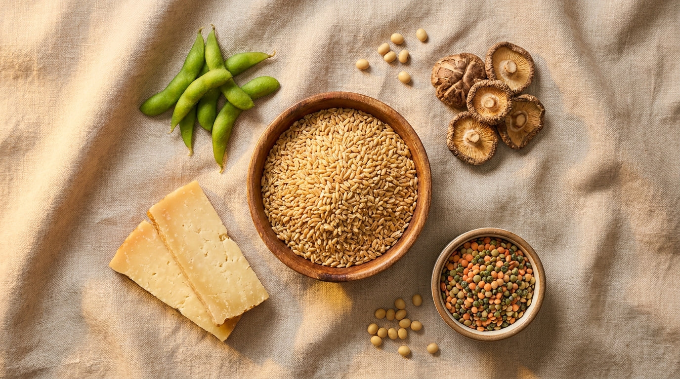 Spermidine-rich foods - wheat germ, edamame, mushrooms, aged cheese