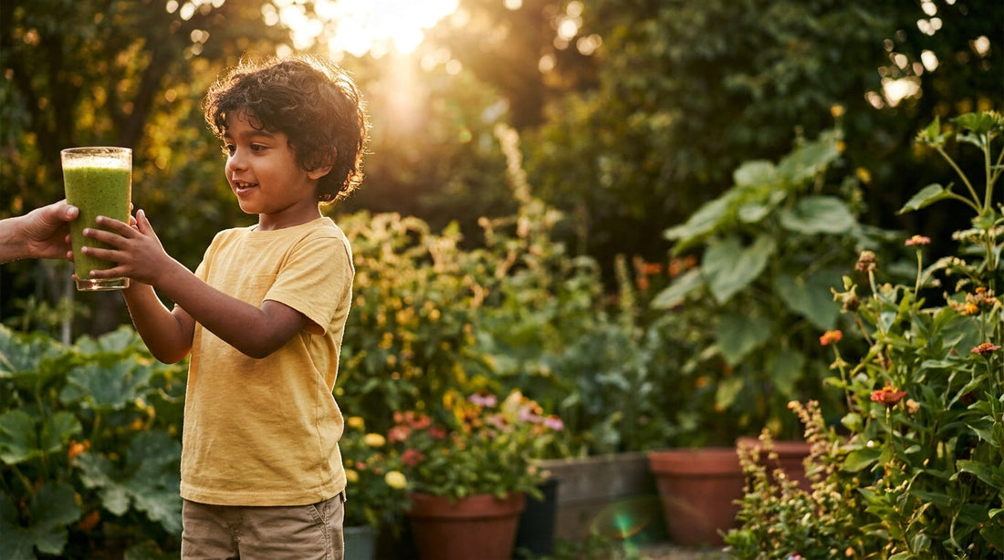 South Asian boy reaching for green spirulina smoothie in golden afternoon garden light — spirulina for kids