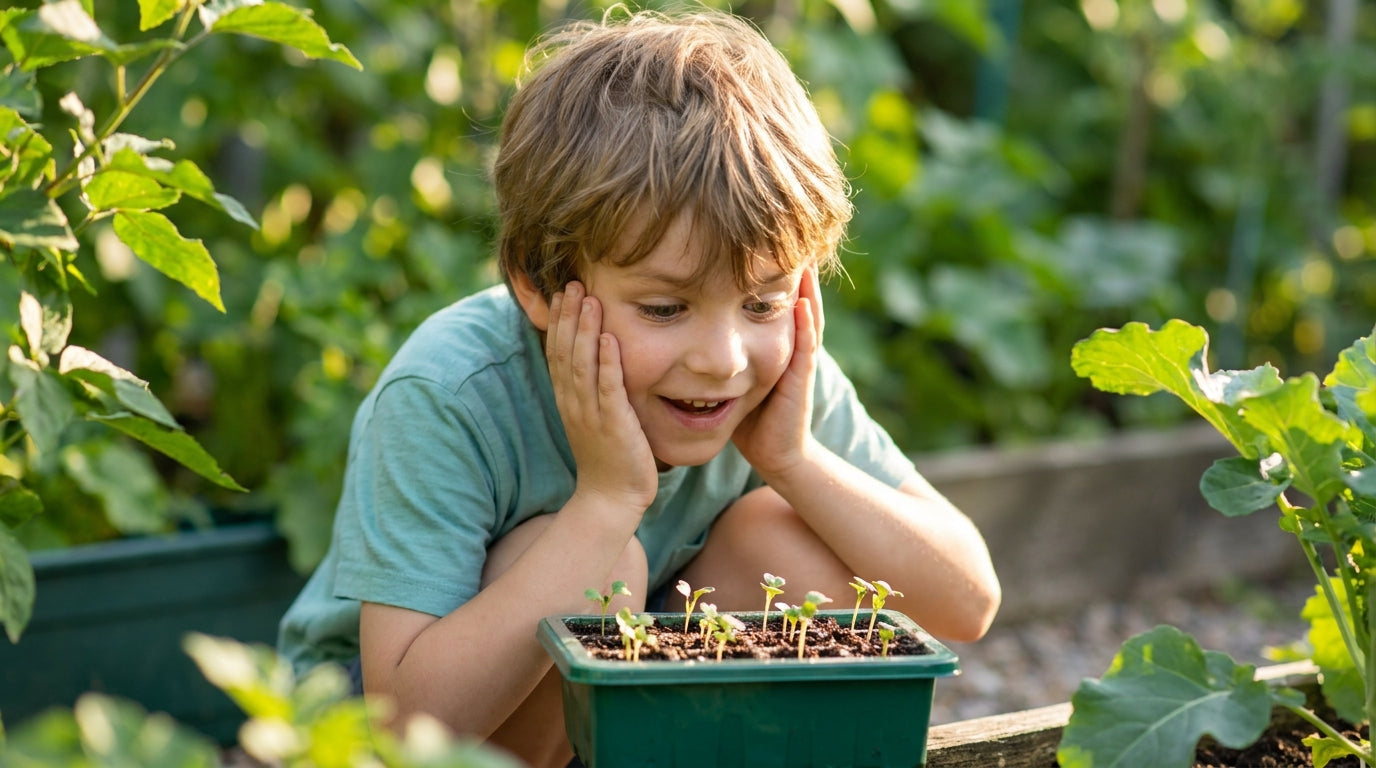 Boy discovering broccoli sprouts in garden - sulforaphane for kids