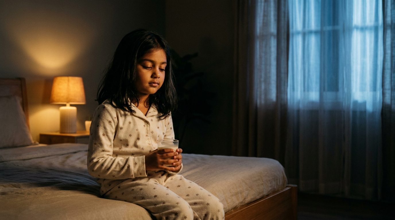 South Asian girl in cream pajamas with warm amber light — sleep supplements for kids
